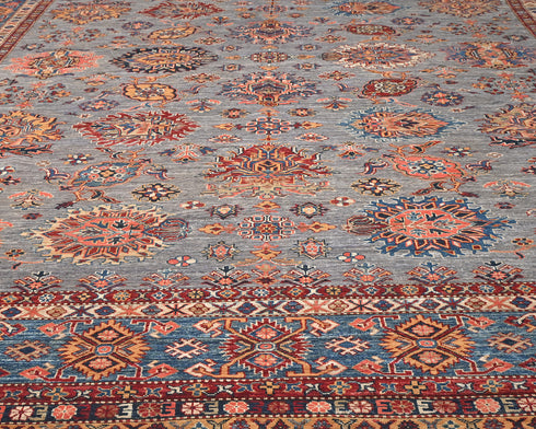 10x14 Gray Kazak Afghan Hand Knotted Geometric Wool Area Rug